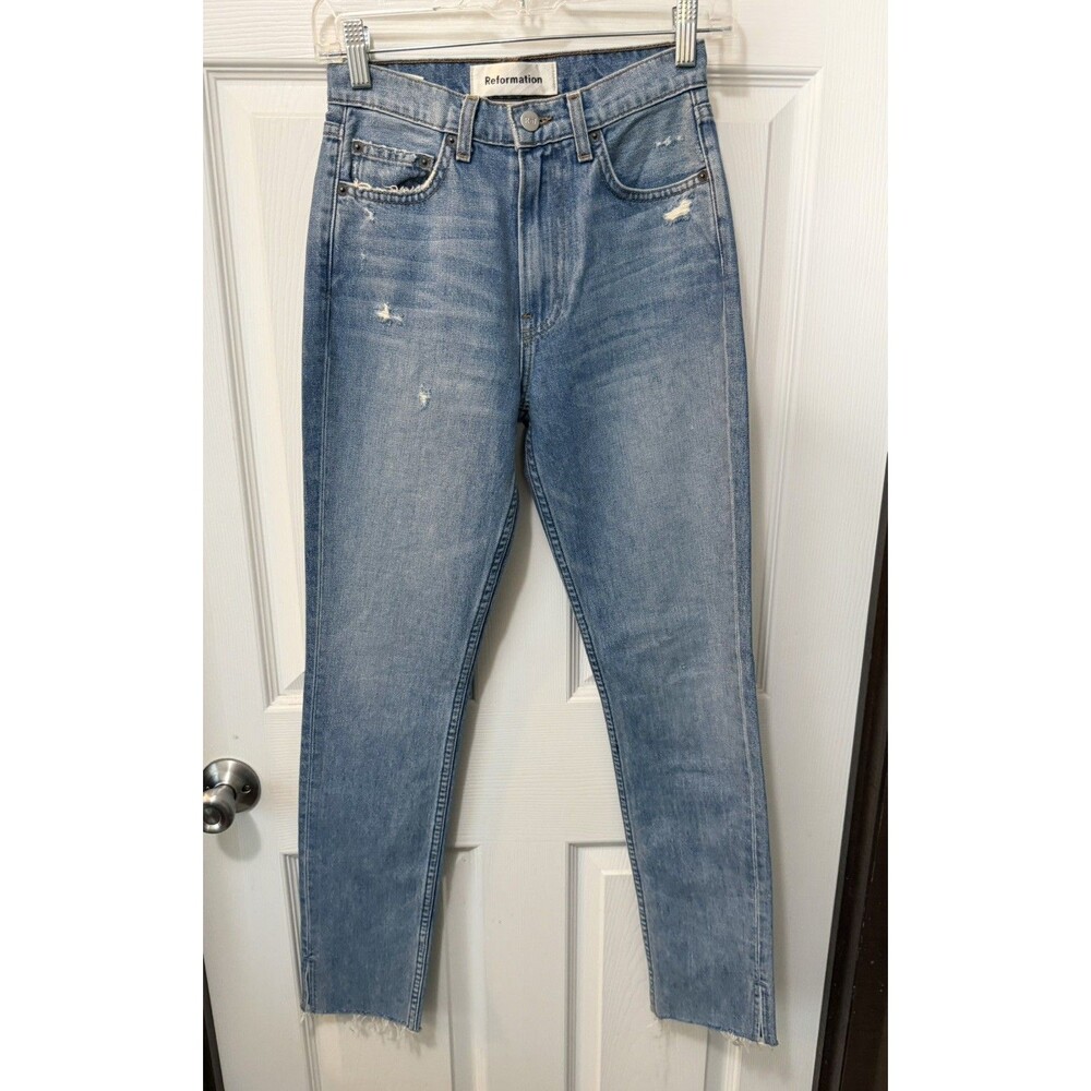 Reformation Julia High Rise Slim Cigarette Distressed Slit Hem Jeans Sz 24